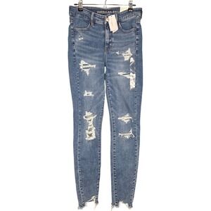 American Eagle Hi-Rise Jegging Jeans Women 4 Distressed Acid Wash Frayed Hem NEW